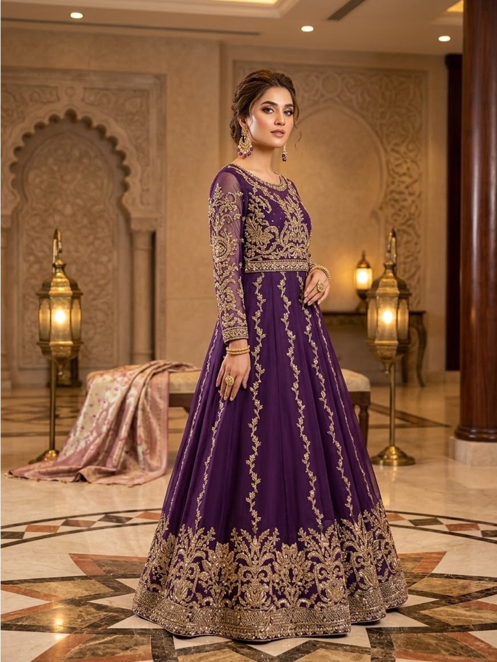 Pakistani Embroidered Purple Long Sleeve Formal lehnga kurti